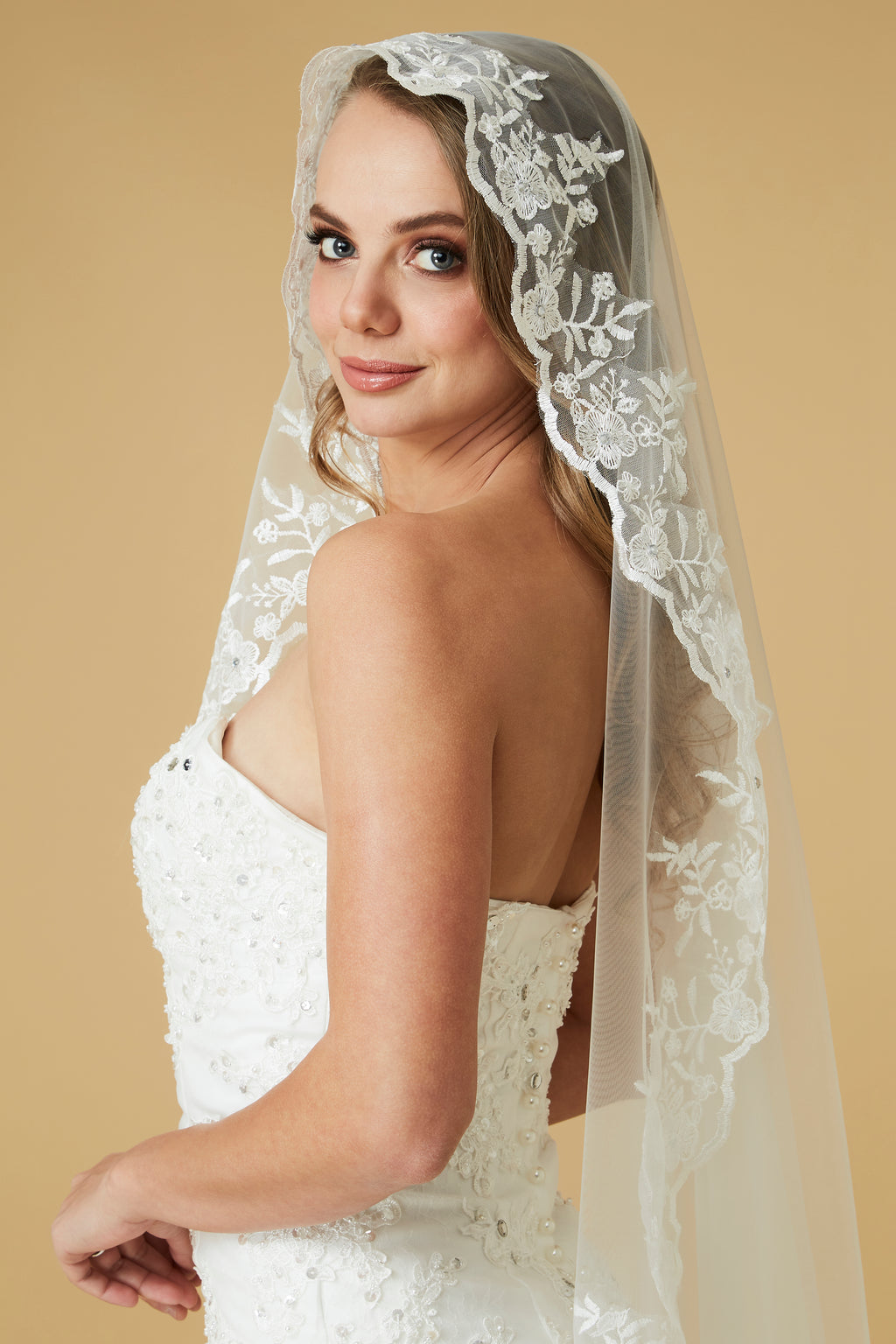 Rose Embroidered Fingertip Bridal Veil
